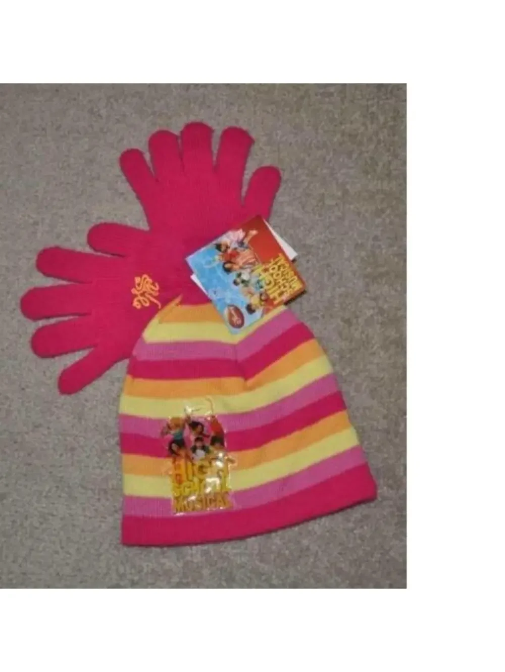 Girls Disney HSM Winter Hat & Gloves High School Musical Pink Yellow 2 Pc